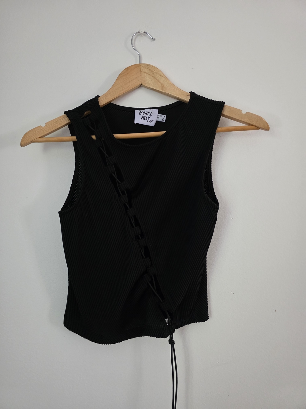 Princess Polly Black Ribbed Tank with Drawstring Hem